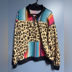 Colorful Leopard Print Women's 1/4 zip up pullover XL joyco stockyard serape